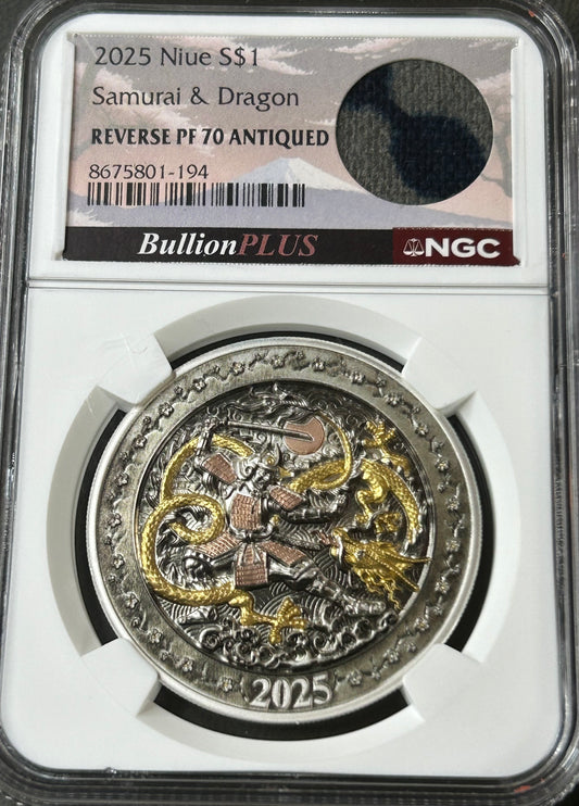 2025 Niue $1 Samurai & Dragon NGC Reverse PF70 Antiqued – 1 oz .999 Silver