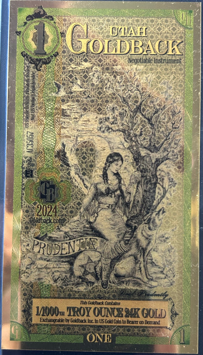 2024 Utah 1 Goldback | 1/1000 oz 24K Gold Note | Prudentia Design