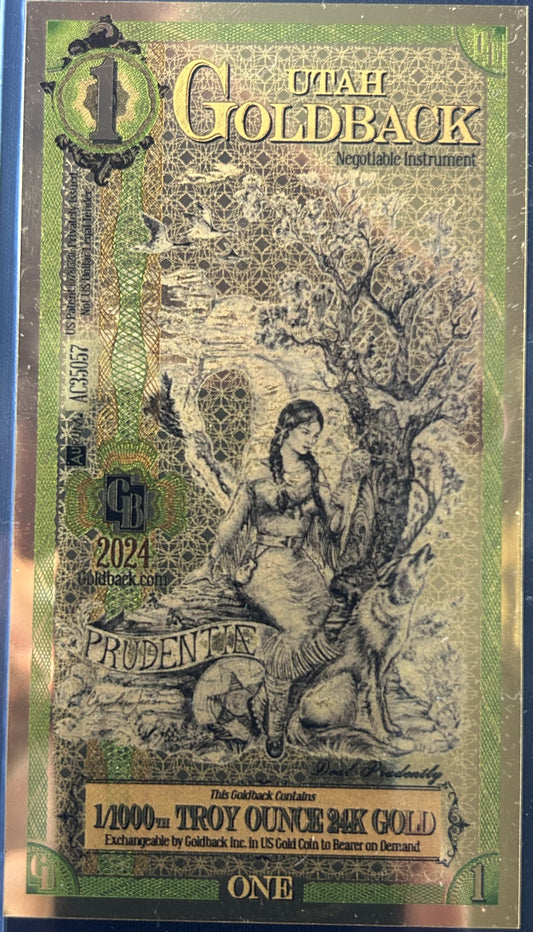 2024 Utah 1 Goldback | 1/1000 oz 24K Gold Note | Prudentia Design