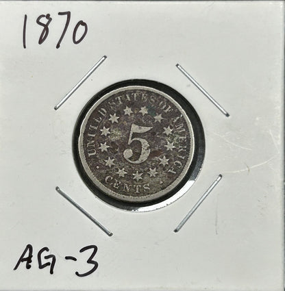 1870 Shield Nickel – AG-3 About Good – Rare 19th Century U.S. 5¢ Coin