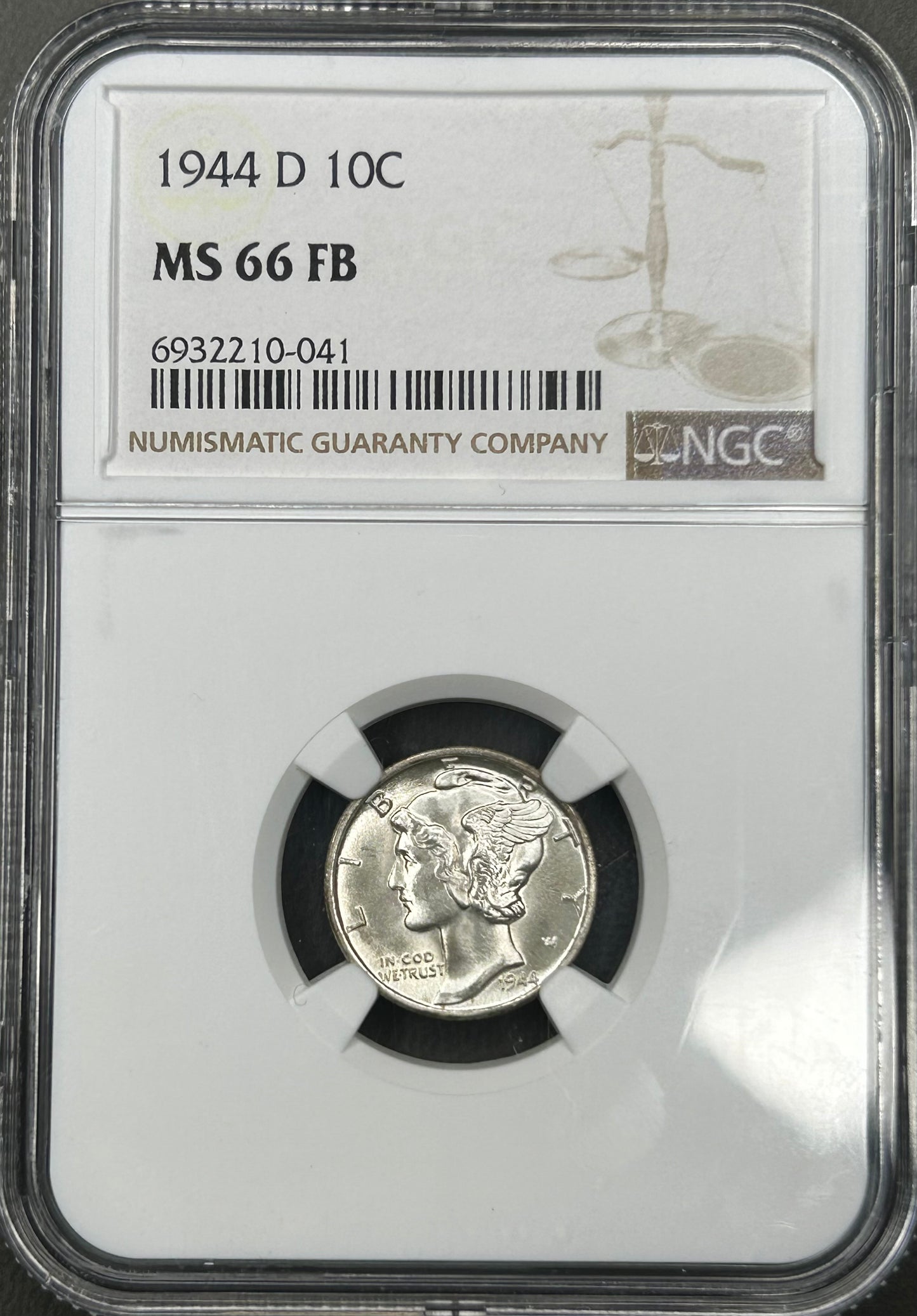 1944-D Mercury Dime NGC MS66 FB – Full Bands – 90% Silver – Gem Uncirculated