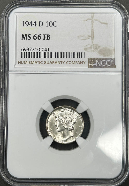 1944-D Mercury Dime NGC MS66 FB – Full Bands – 90% Silver – Gem Uncirculated