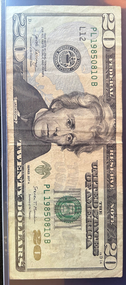 Rare $20 Birthday Note — serial number PL19850810B (Aug 10, 1985). Series 2017A Federal Reserve Note