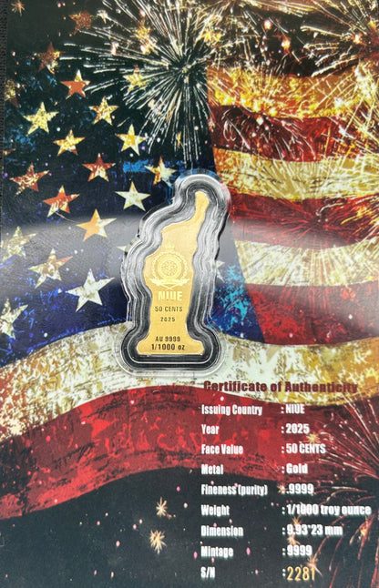 2025 Niue 1/1000 oz .9999 Fine Gold Statue of Liberty – Micro Gold Coin – 50 Cents – Limited Mintage 9999