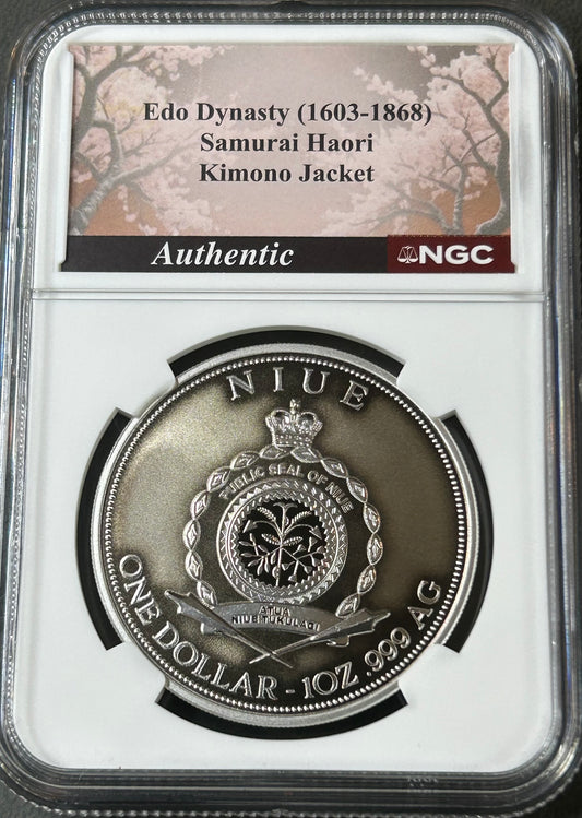 2025 Niue $1 Samurai & Dragon NGC Reverse PF70 Antiqued – 1 oz .999 Silver