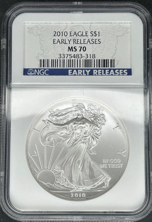 2010 American Silver Eagle $1 – NGC MS70 Early Releases – 1 oz .999 Fine Silver – Perfect Grade ASE